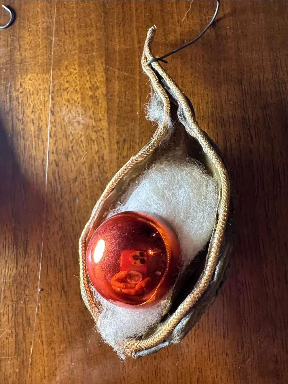 3 Vintage Kitschy Homemade Glass Ornaments in Milkweed Pods